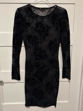 Sheer Velvet Black Floral Whimsigoth Long Sleeve Midi Dress